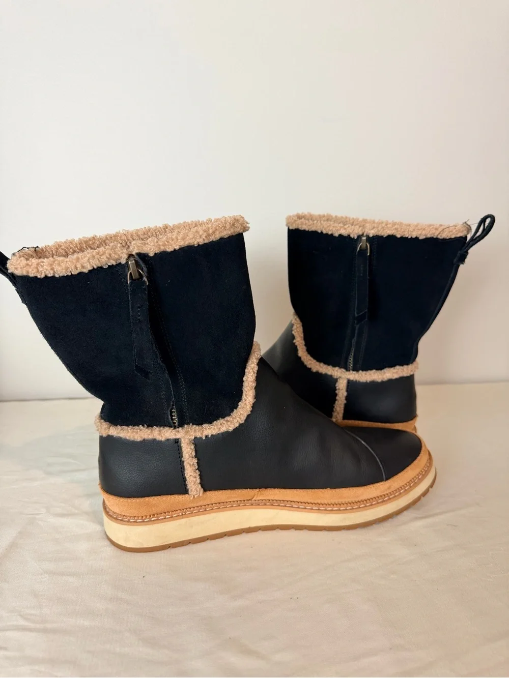 TOMS Black Shearling-Trim Winter Pull-On Boot with Tan Platform